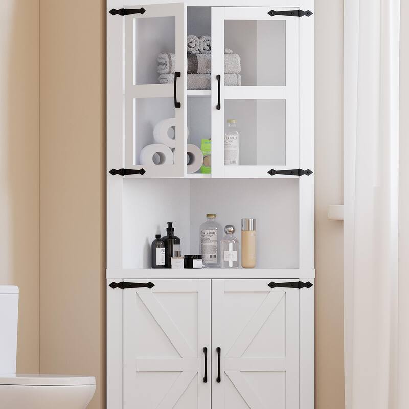 Tall Corner Cabinet, Farmhouse Corner Storage Cabinet with Glass Door & Adjustable Shelves, Space Saving Storage