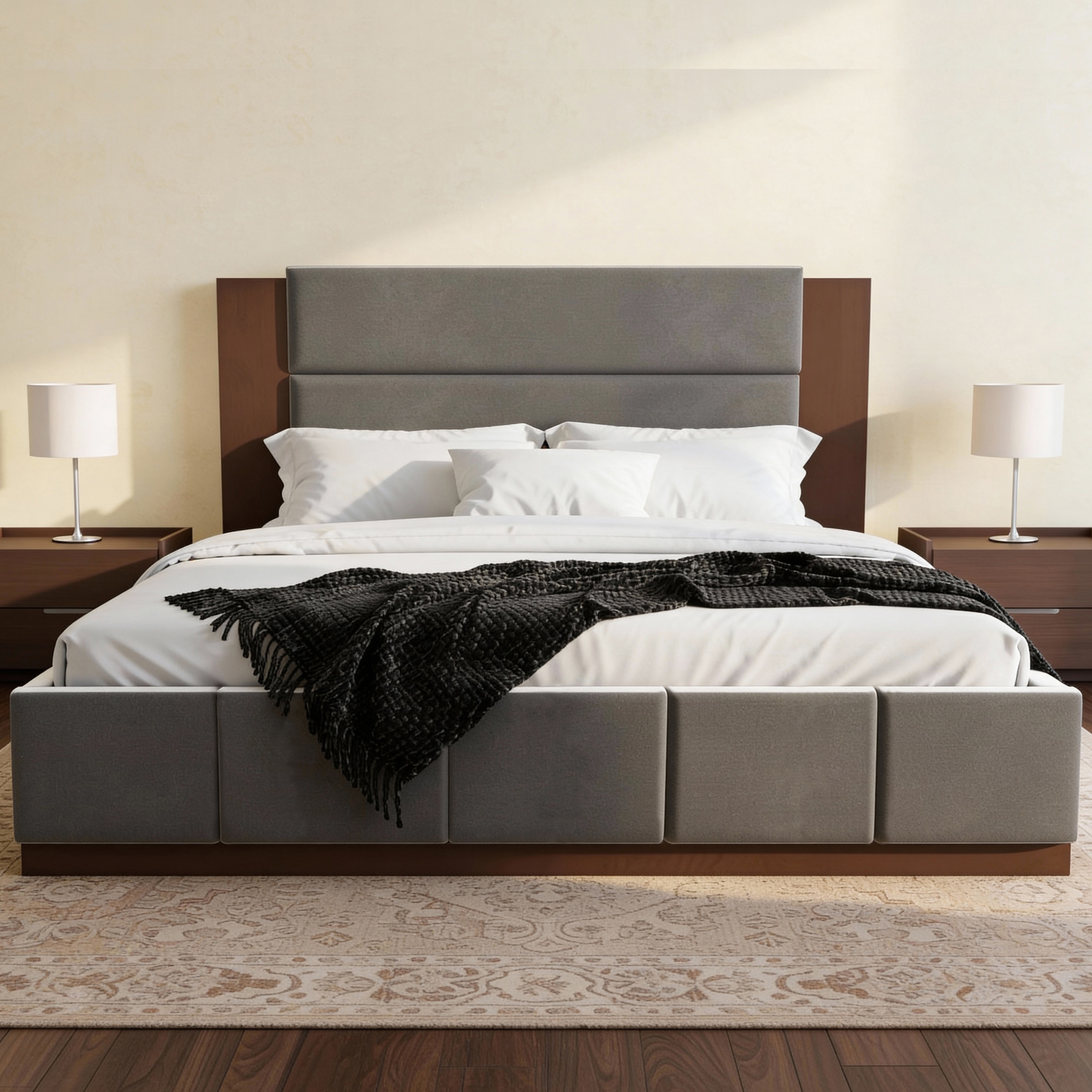 King聽 Upholstered Platform Bed w Extended Wood Headboard Wood Base No Box Spring