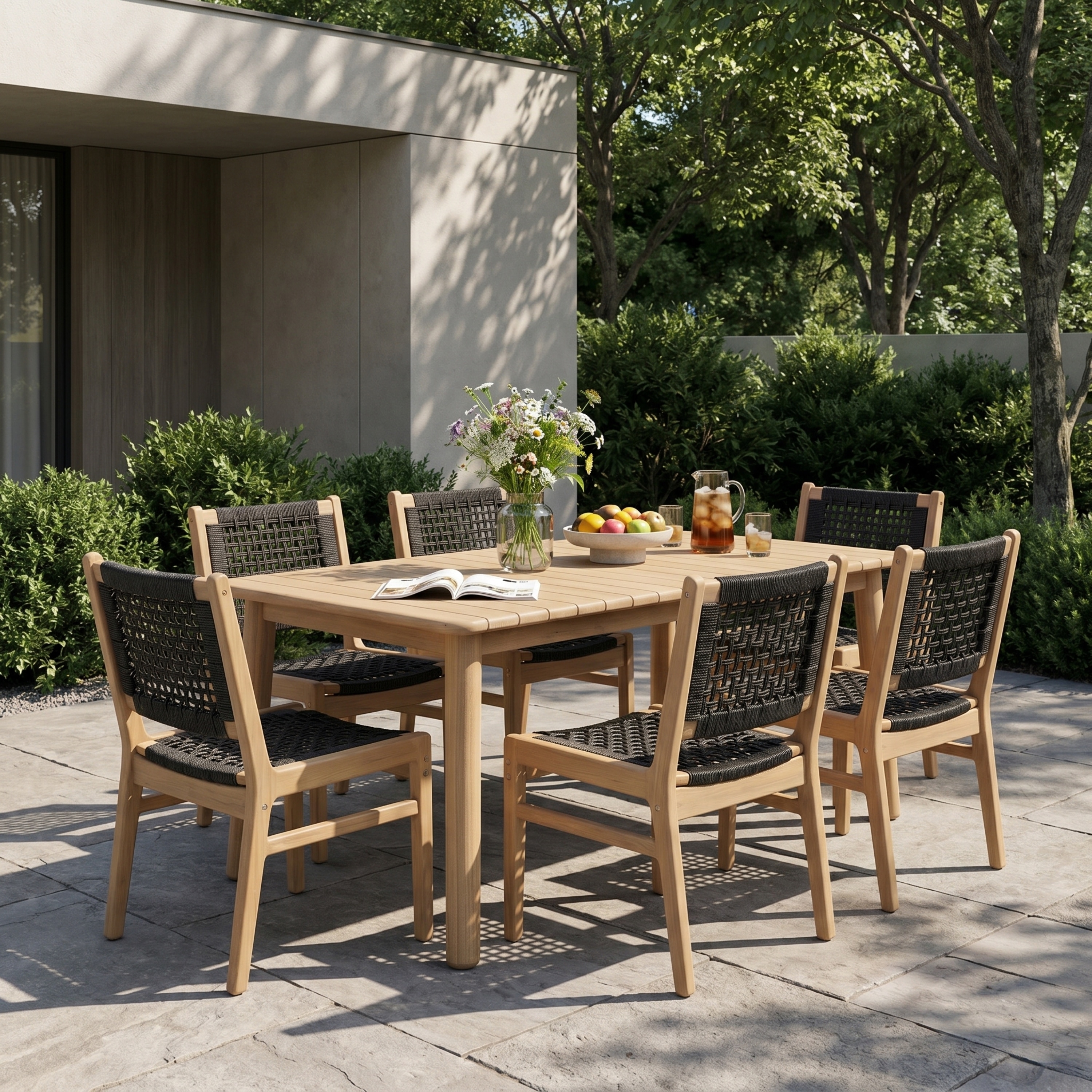 Christopher Knight Home - Elan 7-Piece Outdoor Dining Set, Expandable Acacia Wood Slatted Table & Handwoven Wicker Dining Chairs