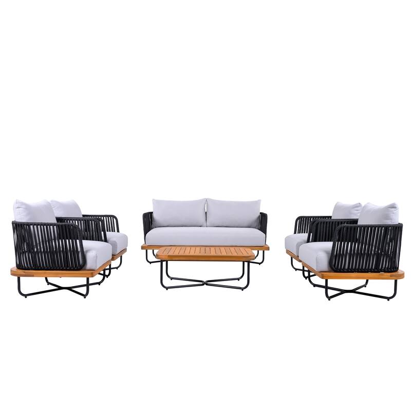 Christopher Knight Home- Mason Acacia Wood Outdoor Conversation Set - 6-Piece - Teak finish+Grey cushion+Black rope