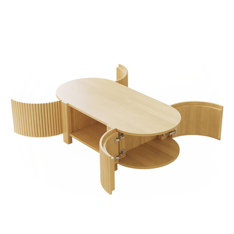 Oval Fluted Coffee Table with Storage for Living Room