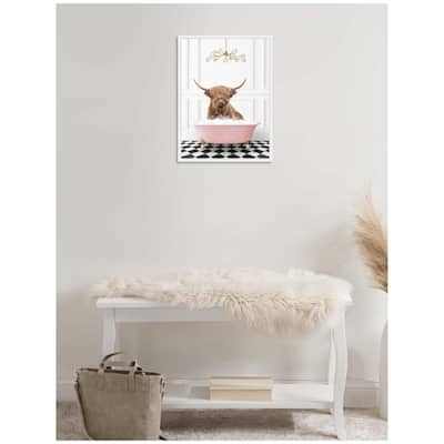 Kate and Laurel Sylvie Highland Cow in Pink Bathtub on Checker Floor Framed Canvas by Amy Peterson