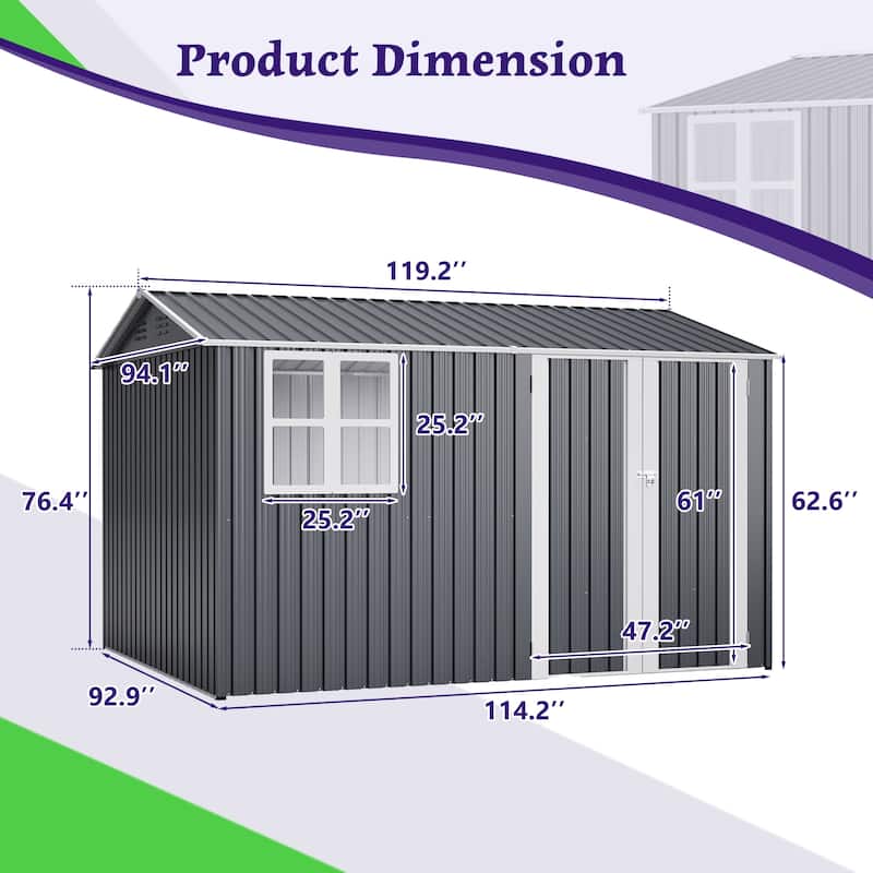 10X8FT Outdoor Steel Storage Shed with Clear Window, Lockable Doors, Weather-Resistant Metal Tool Shed, Gray