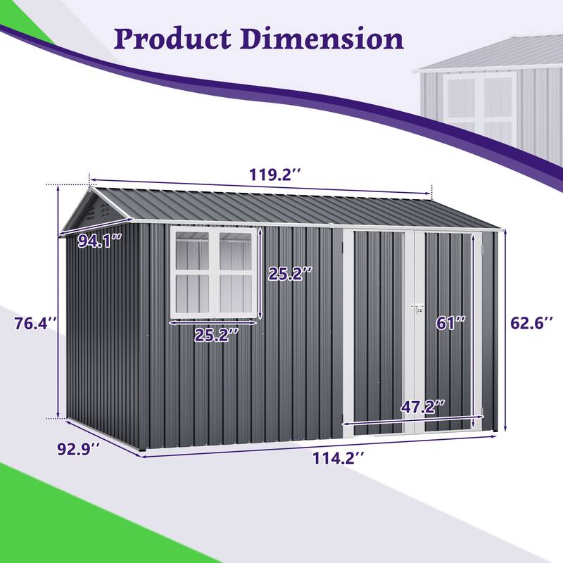 10X8FT Outdoor Steel Storage Shed with Clear Window, Lockable Doors, Weather-Resistant Metal Tool Shed
