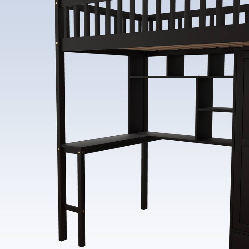 Modern Twin size Loft Bed with Bookshelf,Drawers,Desk,and Wardrobe