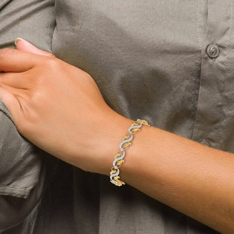 Curata 14k Yellow Gold D C White Dots Connecting Sash and Leaves Two color Bracelet 7.5 Inch