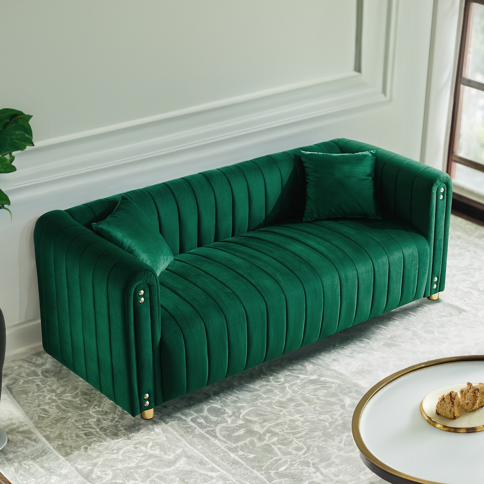 Vertical Tufted Recliner Sofa Velvet Accent Loveseat w Pillow
