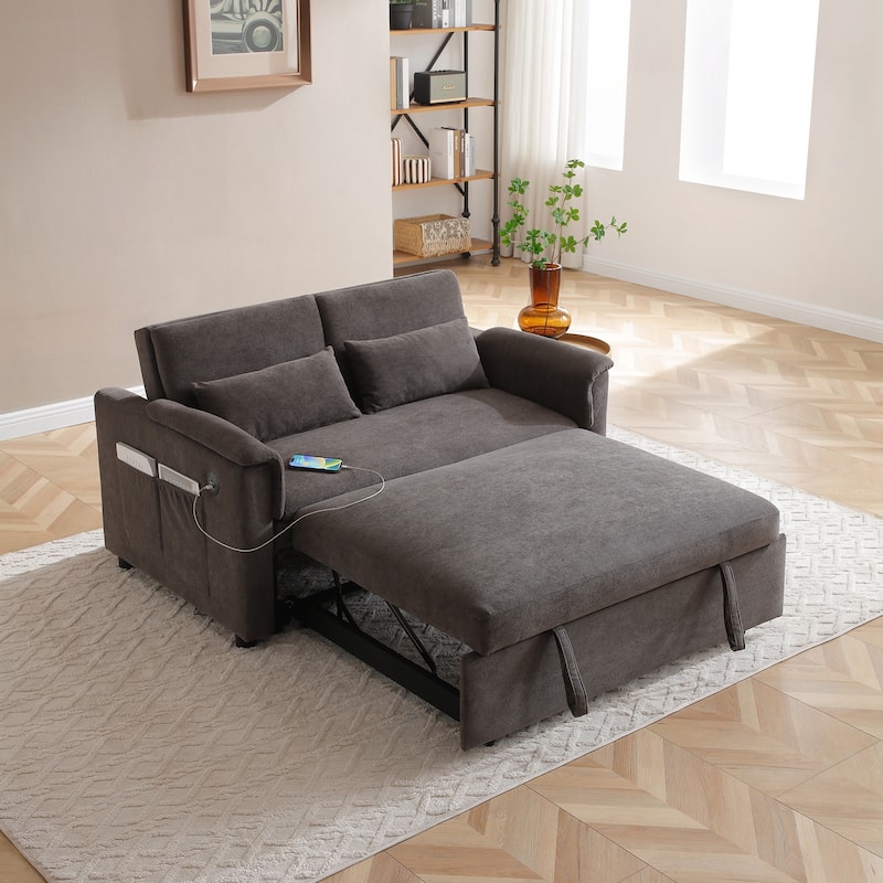 55" Velvet Two Seater Pull Out Sofa Bed, Adjustable Backrest With USB Ports, Two Side Pockets