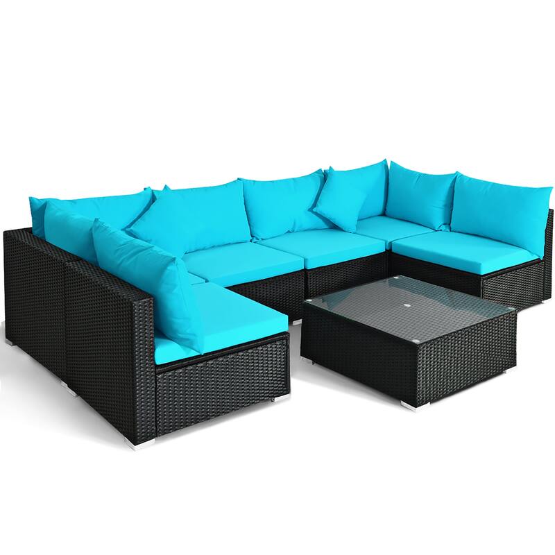 7 PCS Patio Furniture Set Outdoor Conversation Set with Coffee Table - Turquoise