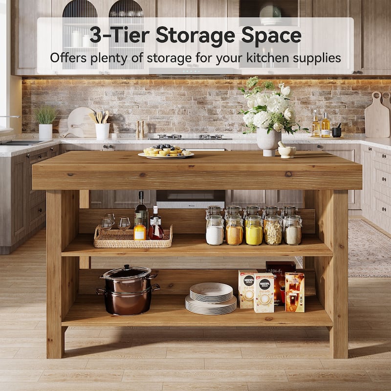 Solid Wood Island, 3-Tier 55 Inch Farmhouse Center Island Table