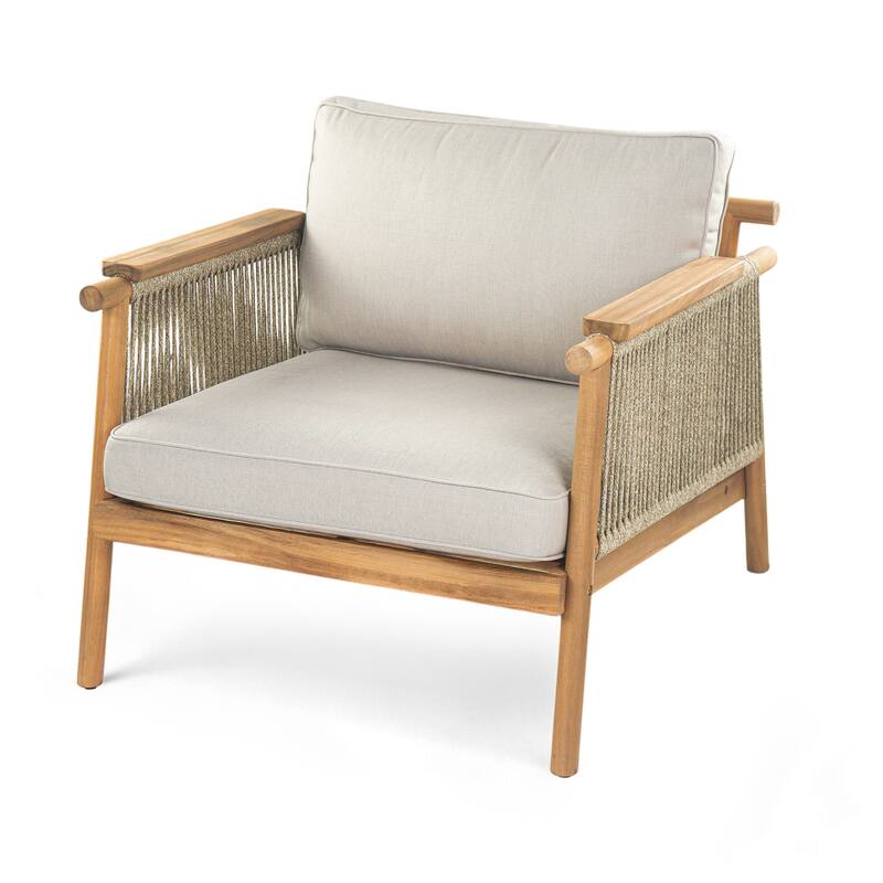 Roomfitters Sumbawa Outdoor Acacia Wood Club Chairs with Rope Woven Arms, Teak Finish - Single Unit