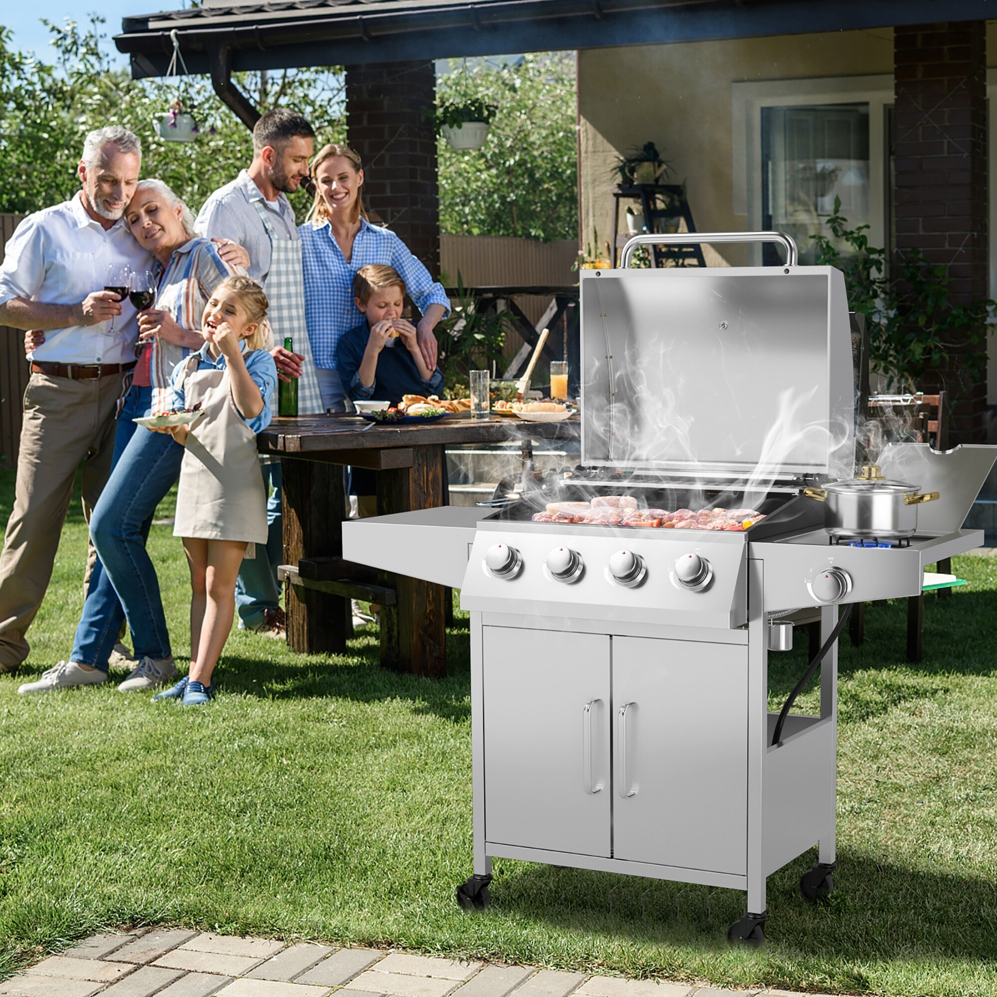 5 Burner Propane Gas BBQ Grill w Side Burner Thermometer Prep Table Bed Bath Beyond 39644516