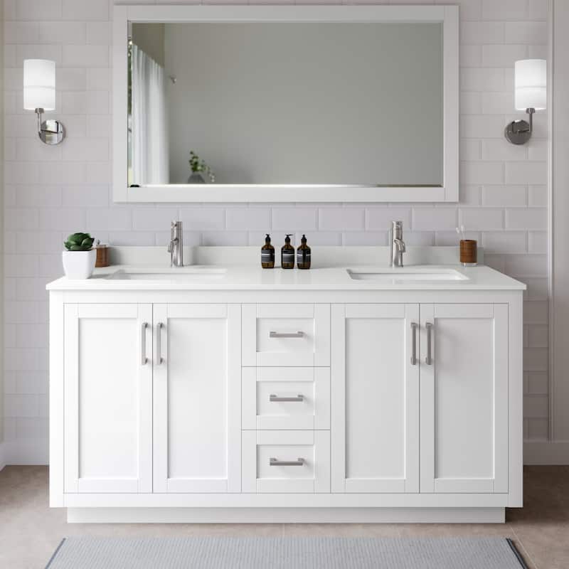 Wyndham Collection WCF292966D-QTZ-UNSM58 Miranda 66" Free Standing - White / White Quartz Top / Brushed Nickel Hardware