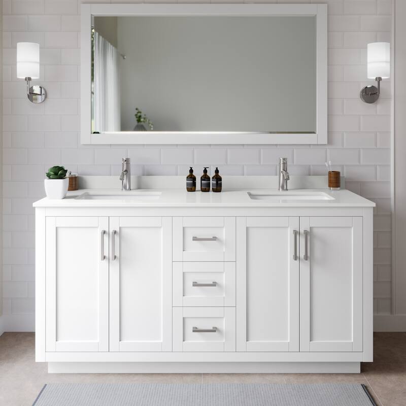 Wyndham Collection WCF292966D-QTZ-UNSMXX Miranda 66" Free Standing - White / White Quartz Top / Brushed Nickel Hardware