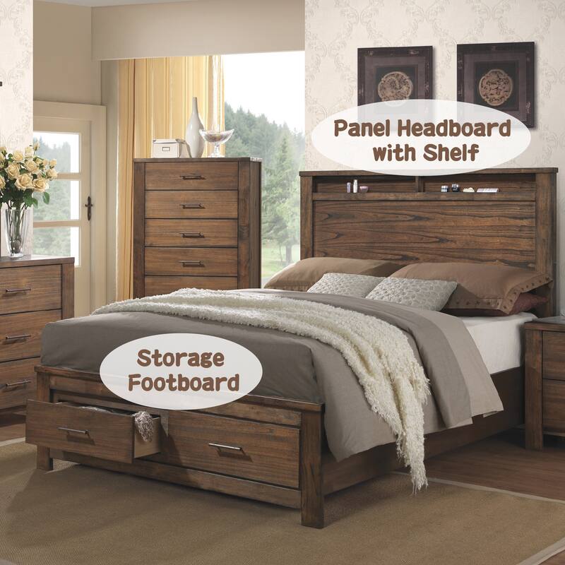 Oak Finish Bed with Storage and Panel Headboard