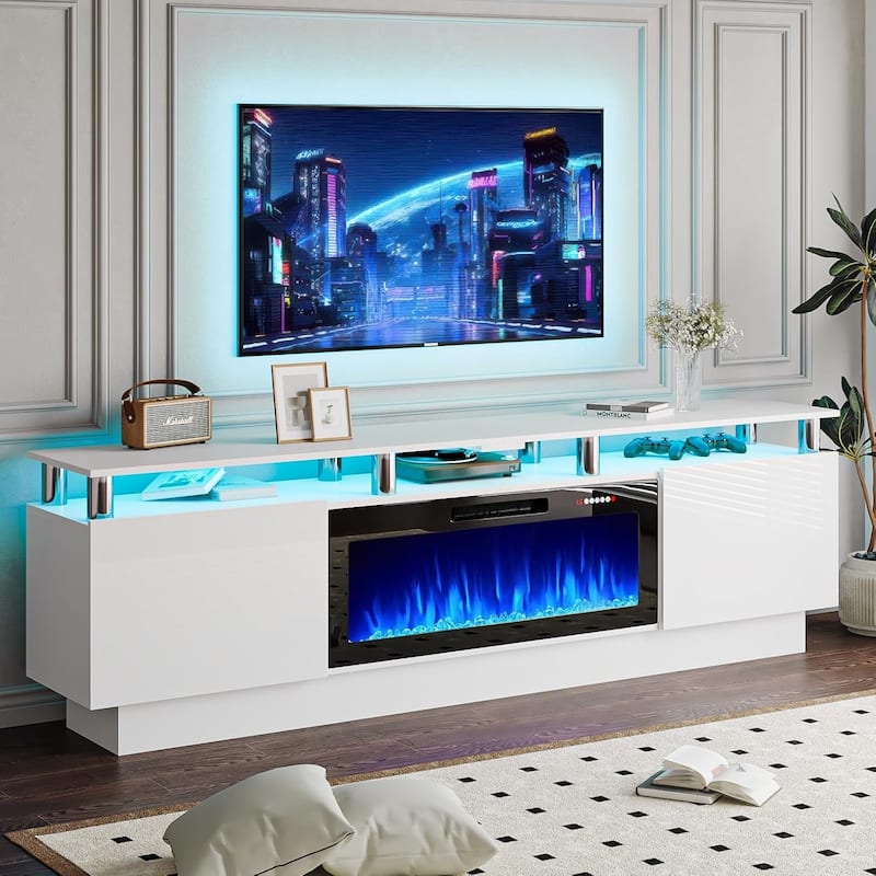 BOSSIN 80" TV Stand Entertainment Center with 36" Electric Fireplace, for TVs up to 90", High Gloss Cabinet with LED Light - White-New