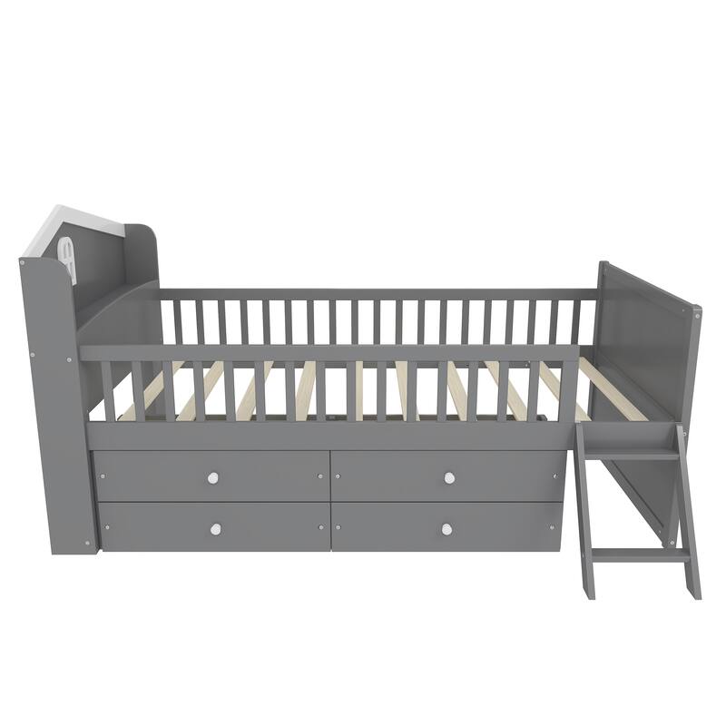 Twin Size Platform Bed Frame with 4 Storage Drawers & Guardrail Headboard for Bedroom, Wooden Kids Storage Bed with Ladder