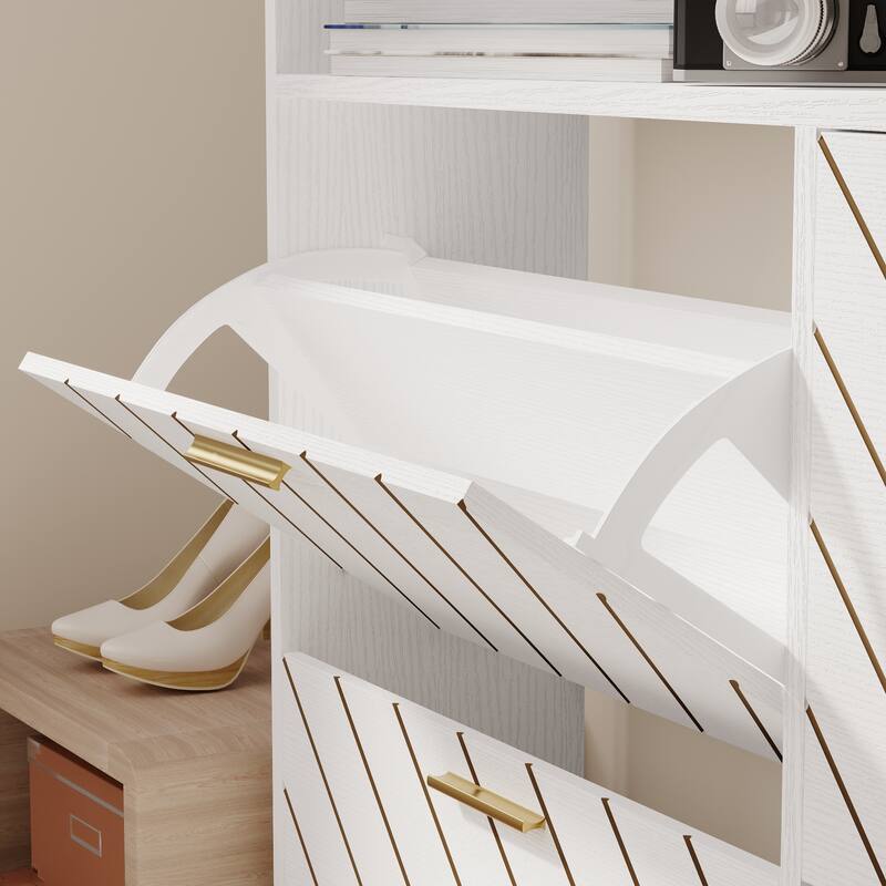 Freestanding Shoe Cabinet with 4 Flip Drawers, Hidden Narrow Shoe Rack with Open Storage, Shoe Storage Cabinet for Entryway