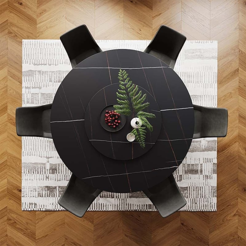 Modern Round White Dining Table，Sintered Stone Tabletop, Solid Black Carbon Steel Base