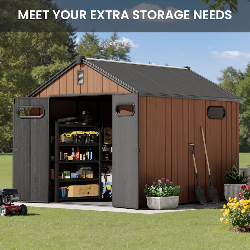 8' x 8' / 8' x 10'/ 8' x 12' Outdoor Resin Storage Shed with Lockable Doors and Air Vents for Garden
