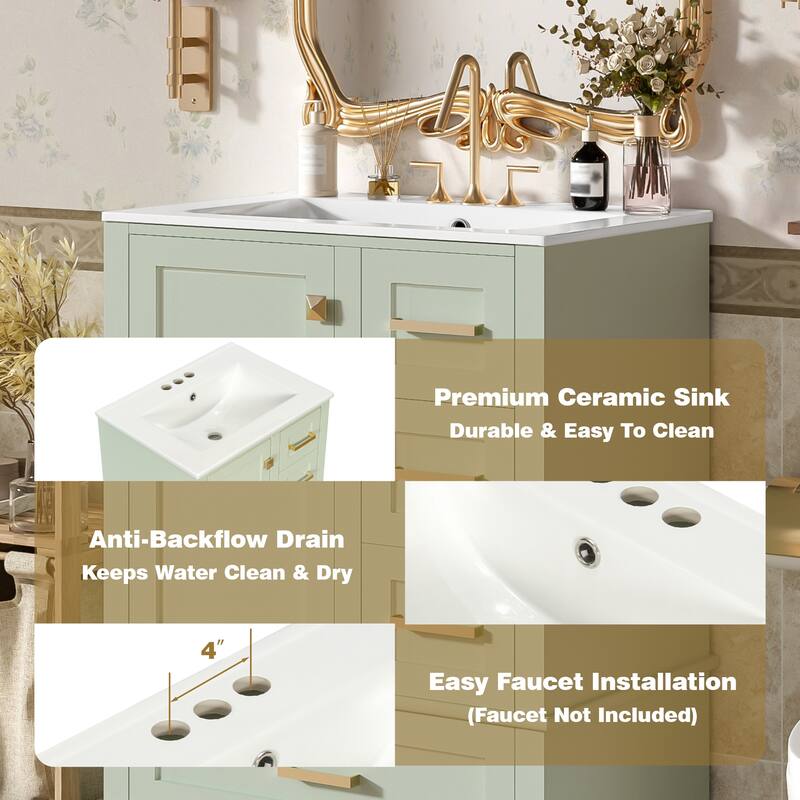 24.8" Bathroom Vanity with Ceramic Sink, Freestanding Cabinet with Soft-Close Door and 3 Drawers, Modern Style