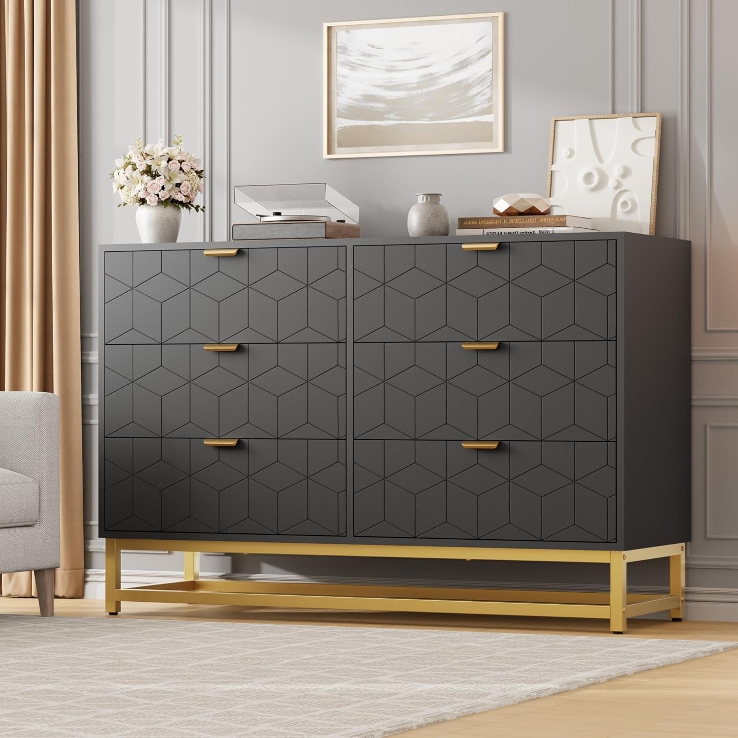 47.2 Inch Black 6-Drawer Modern Dresser, Wide Chest, Gold Metal Legs & Handles, Storage for Bedroom, Living Room, Hallway