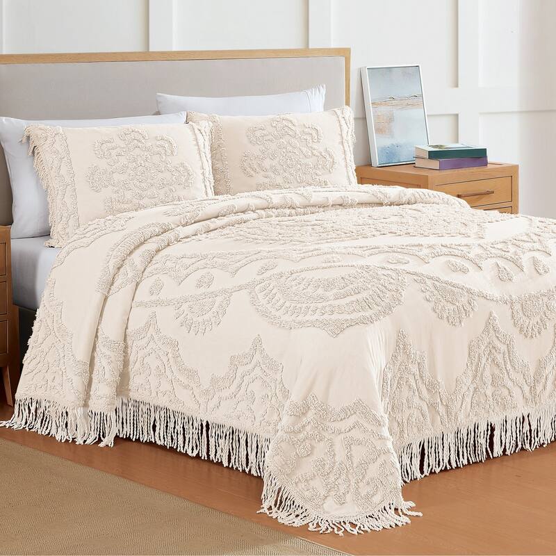 Luxurious Lotus Textured Chenille Fringe Border Bedspread