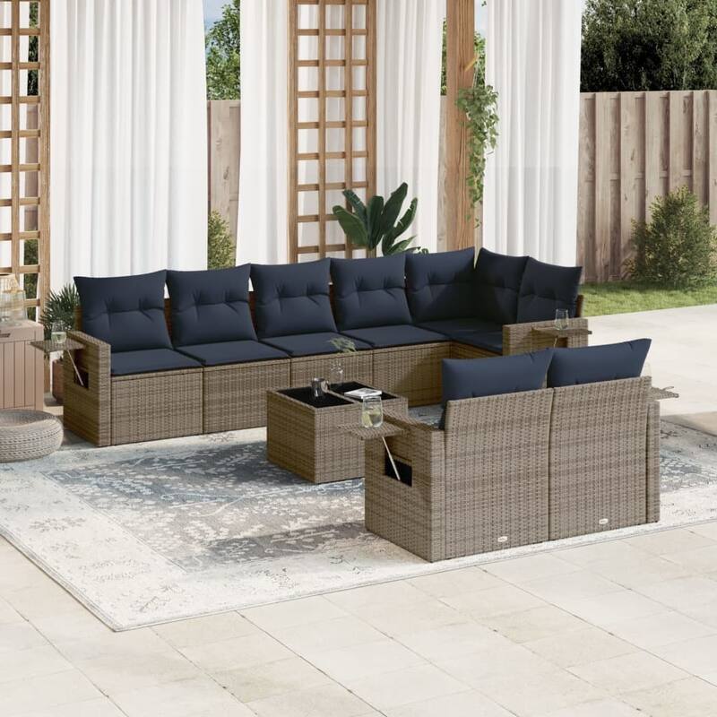 vidaXL Patio Sofa Set with Cushions Outdoor Conversation Furniture Poly Rattan - 24.4 x 24.4 x 27.2 - Grey and Blue-With table