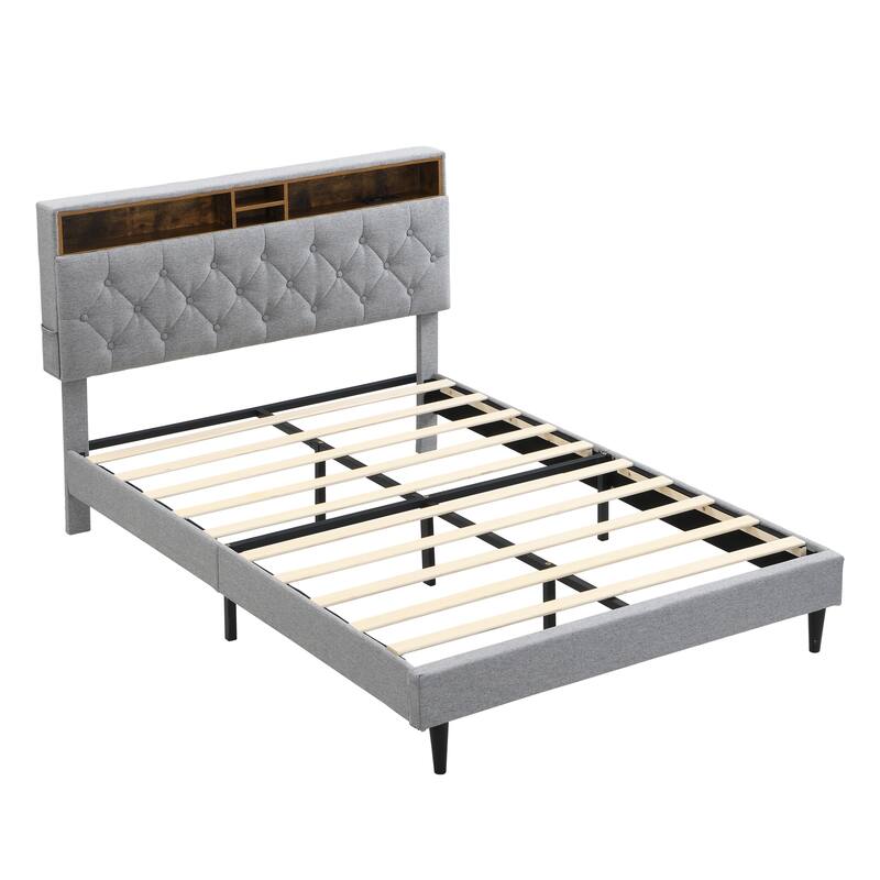 Modern Queen-Size Upholstered Bed Frame with USB Ports, Storage Headboard, and Side Pockets, Light Grey