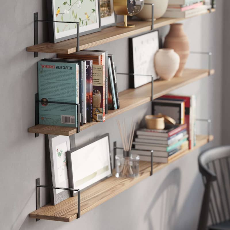 Wallniture Toledo 60"x6" Floating Bookshelves for Wall, Book Shelves for Living Room, Wooden Shelves for Wall, Set of 3, Burnt