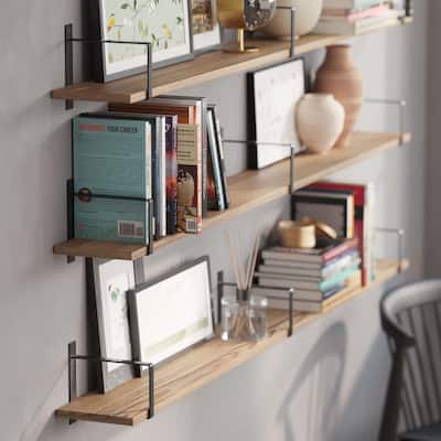 Wallniture Toledo 60"x6" Floating Bookshelves for Wall, Book Shelves for Living Room, Wooden Shelves for Wall, Set of 3, Burnt