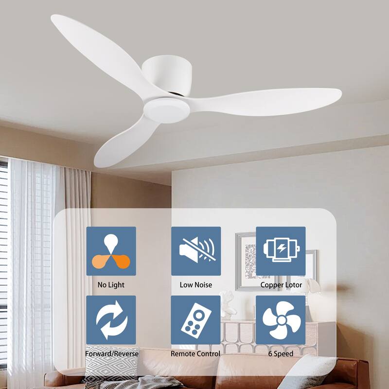 52" Flush Mount Ceiling Fan without light,3 Reversible Blades,with 6 Speeds Reversible DC Motor,Low Profile Ceiling Fan