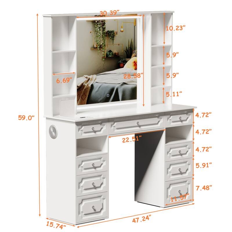 White/ Black Makeup Vanity with Lighted Mirror,Extra Large Vanity Desk with 9 Drawers,European Style Vanities
