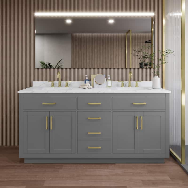 Wyndham Collection WCG262672D-QTZ-US3MXX Beckett TK 72" Free Standing - Dark Gray / Giotto Quartz Top / Brushed Gold