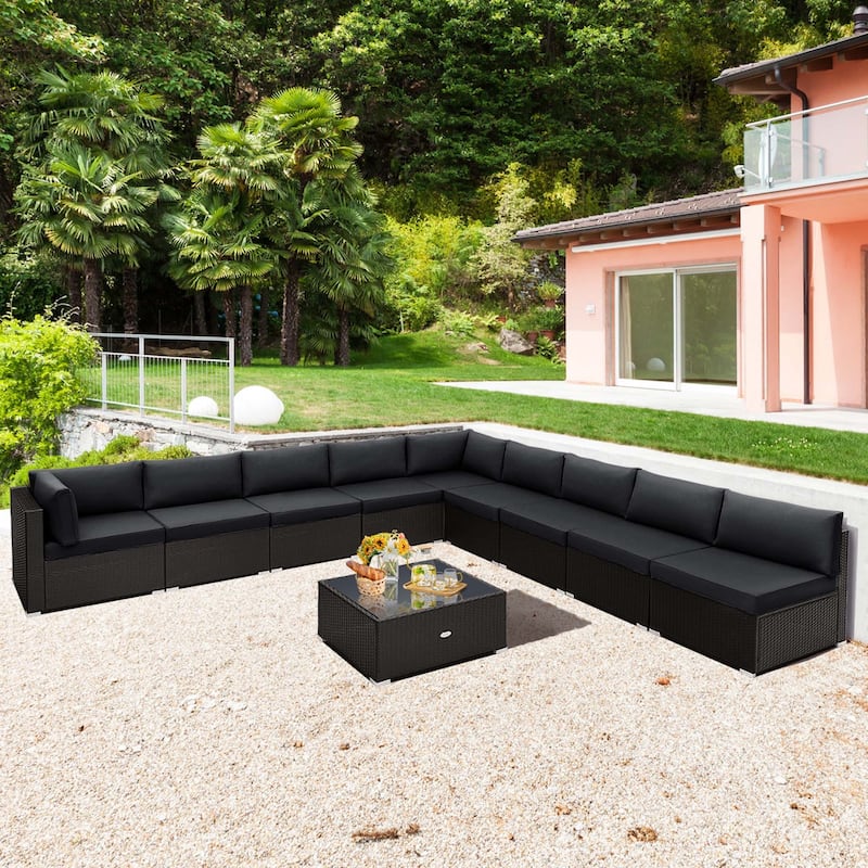 Costway 10 PCS Patio Rattan Furniture Set Outdoor Wicker Sofa Table - See Details - Black