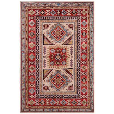 Rustic Kazak Waylon Beige/Red Wool Rug - 3'5'' x 5'1''