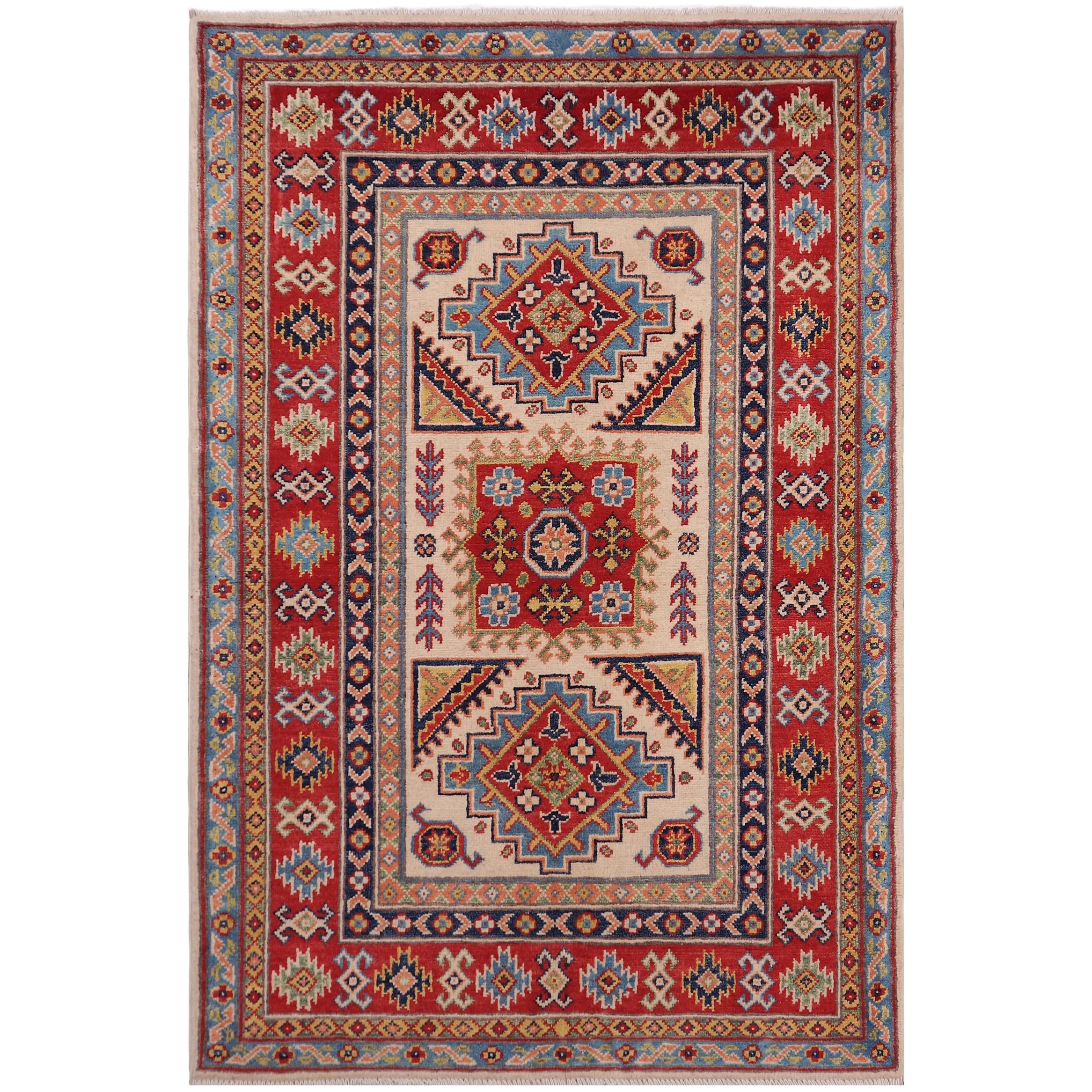 Rustic Kazak Waylon Beige/Red Wool Rug - 3'5'' x 5'1''