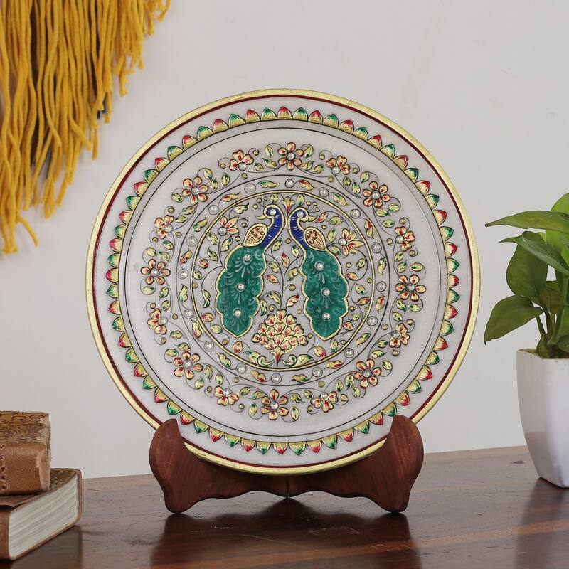Novica Handmade Peacock Realm Marble Decorative Plate