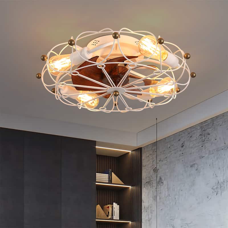 Low Profile Caged Ceiling Fan with Lights Remote Control - White