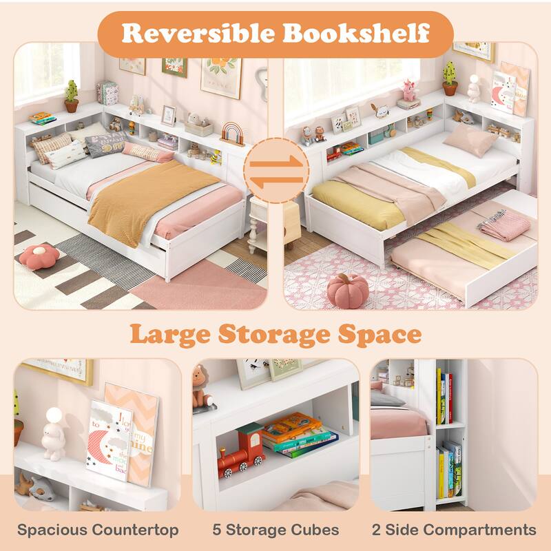 Gymax Twin Size Daybed w/ Trundle Bedside Shelves Reversible Bookcase