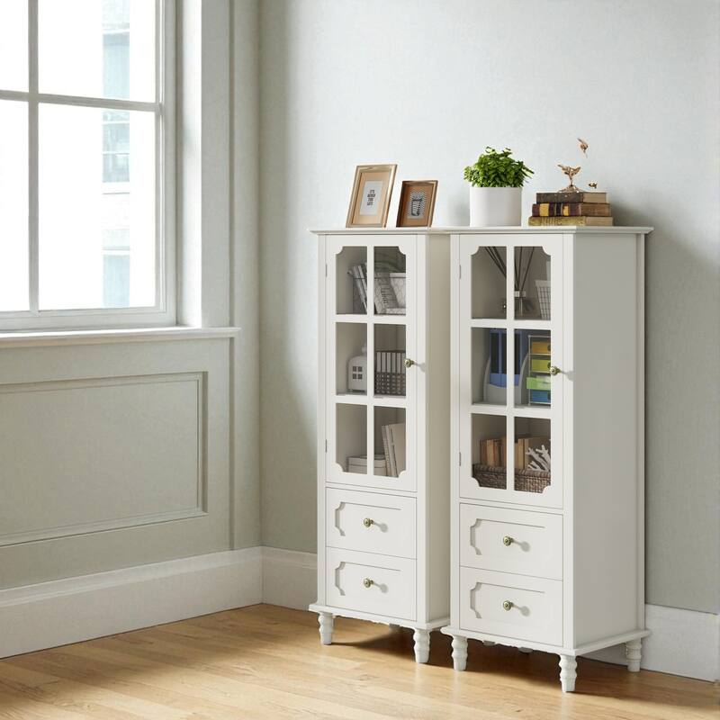 Modern Buffet Cabinet with Glass Doors and Double Drawer, Wooden Sideboard Storage Cupboard for Dining Room Entryway Hallway.