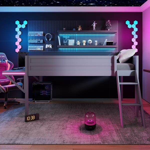 slide 2 of 28, Wood Gaming Loft Bed with Desk and LED Lights Grey - Twin
