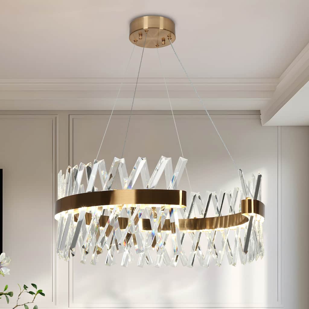 Modern LED Crystal Gold Drum Chandelier for Dining Living Room Bedroom - D23.2" x H9.4"