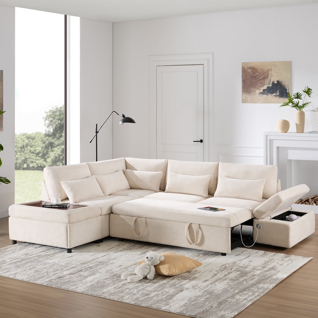 107'' 6 Seat Modular Sectional Sofa with USB Charging, L shape Oversize Pull-out Sofa Bed with Storage Ottoman