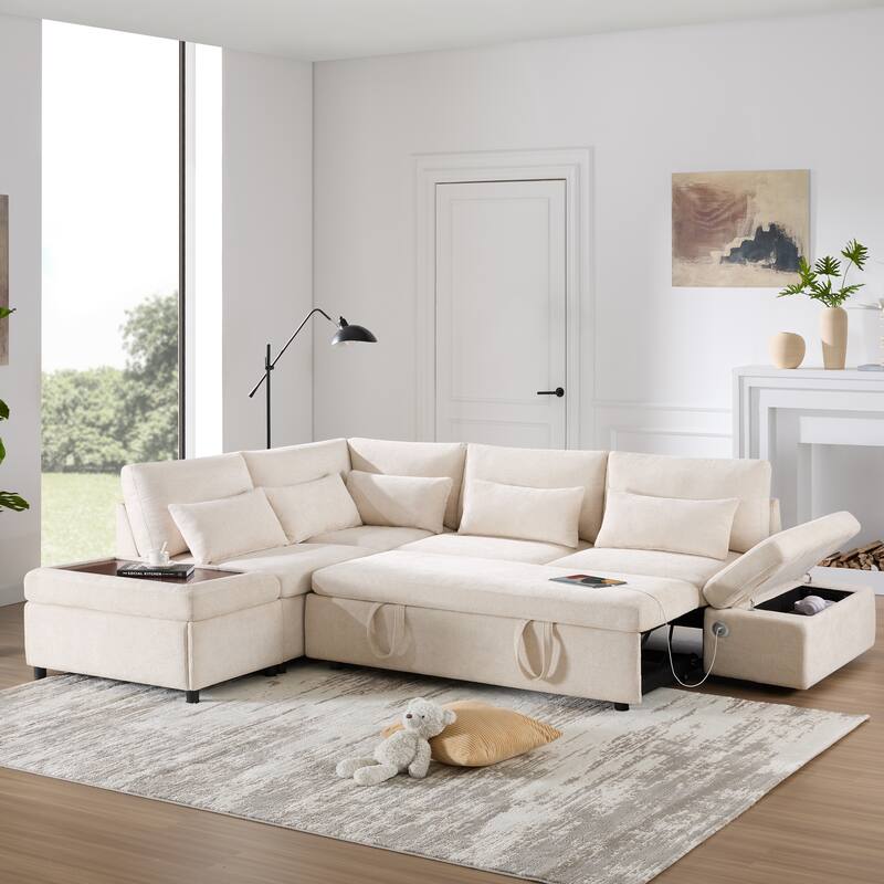 107'' Modular Sectional Pull-out Sofa in Light Khaki + Beige, Chenille, for Living Room & Apartment
