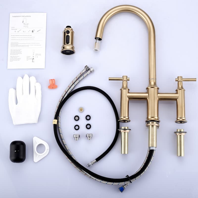 WOWOW Double Handle Pull Down Sprayer Bridge Kitchen Faucet