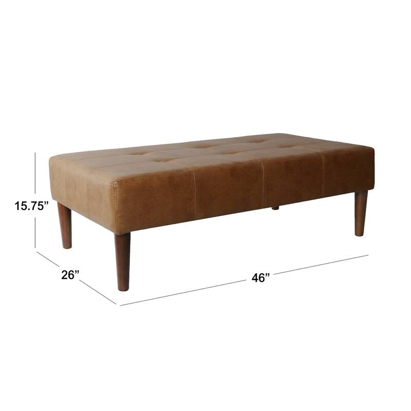 Coffee Table Ottoman, Brown Wood and Tufted Faux Leather, 46 Inch
