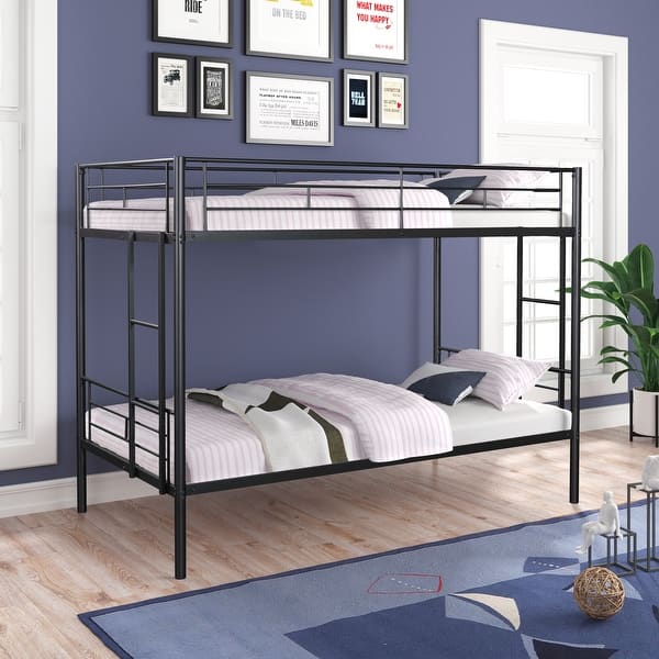 slide 2 of 26, Metal Twin over Twin Bunk Bed with 2 Side Ladders, Sturdy Heavy-duty Metal Bedframe with Safety Guardrail, Noise Reduced Design Black - Twin