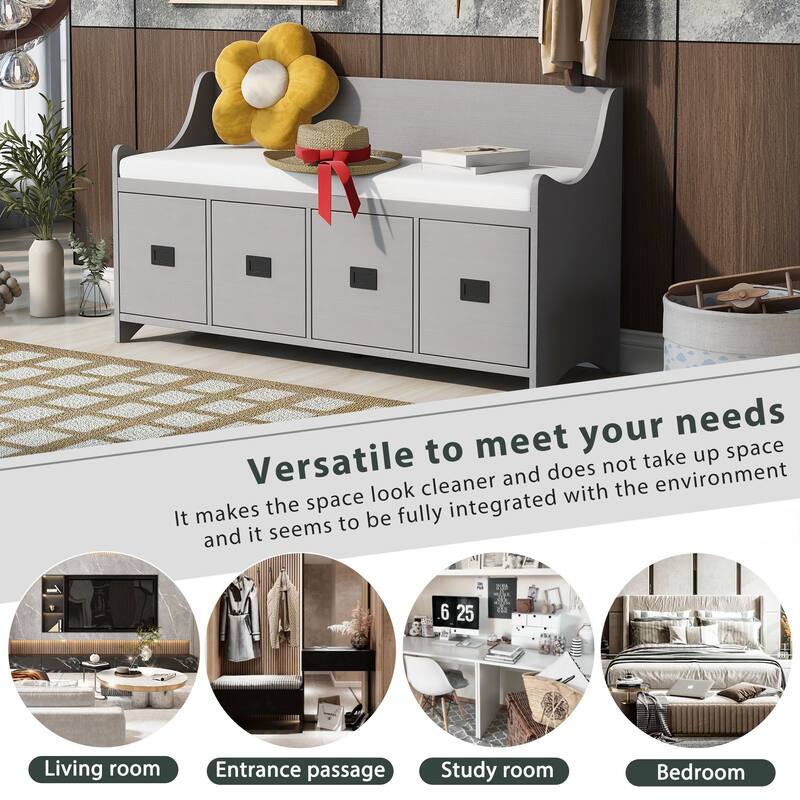 Movable Cushion Storage Bench With Drawers And Backrest Shoe Bench Bench With Removable Cushion