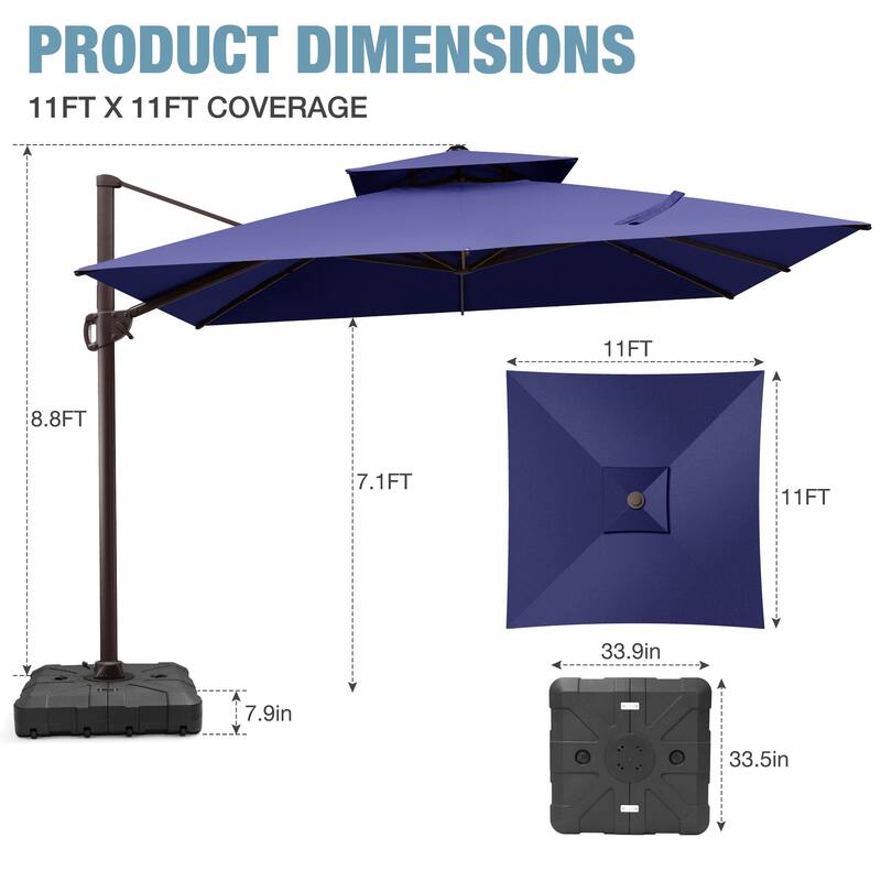 VredHom 11x11 FT Outdoor Patio Double Top Cantilever Umbrella with Wheel Base